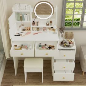 Fashion Vanity Desk with Mirror and Lights for Makeup and Cushioned Chair