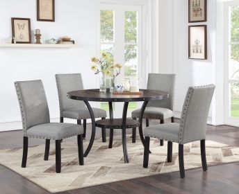 Modern Classic Dining Room Furniture Natural Wooden Round Dining Table 4x Side Chairs Gray Fabric Nail heads Trim and Storage Shelve 5pc Dining S