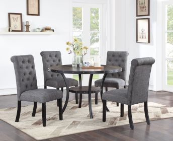 Modern Classic Dining Room Furniture Natural Wood Round Dining Table 4x Side Chairs Charcoal Fabric Tufted Roll Back Top Chair Storage Shelve 5pc