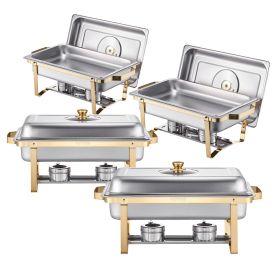 8 Qt 4 Pack Rectangle Chafing Dish Buffet Set Full Size Pan Stainless Steel Gold