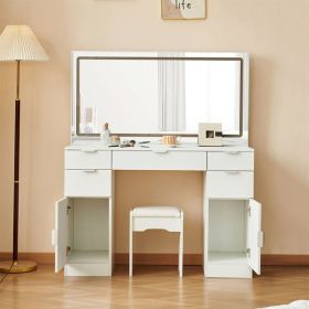 Dressing table set with LED mirror and 3 lighting modes, dressing table with 5 drawers and 2 cabinets, each with metal handles, lighting and chai