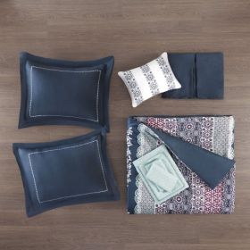 Queen Boho Comforter Set With Bed Sheets (Color: Navy)