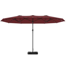 Garden Parasol 14.4ft Double-Sided Sun Umbrella With Base, Patio Parasol With LED Solar Lights, Wine Red (Color: Wine Red)