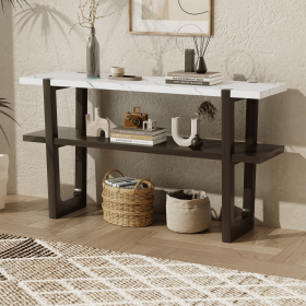 Retro Elegant Console Table with Marble-Effect Top and Versatile Storage Solutions for Entryway and Living Room (Color: Espresso, Material: Solid Wood+MDF)